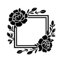 Elegant Black and White Floral Square Frame with Two Roses, Leaves, and Buds on a White Background. vector