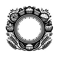 Black and White Decorative Bakery Emblem Cupcakes, Pastries, and Wheat in a Circular Frame, Minimalist Design. vector