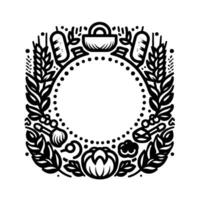 Monochromatic, symmetrical, ornamental frame with bread, wheat, and other food symbols, surrounding a white, circular void. vector