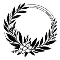 Black and white floral wreath design, featuring stylized leaves, blossoms, and a circular frame for elegant invitation or decorative use. vector
