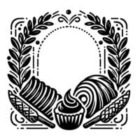 Elegant Black and White Bakery Emblem Pastries, Leaves, and Rounded Frame, Isolated on White. vector