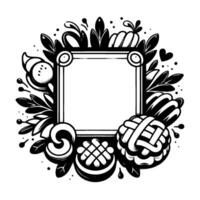 Black and white illustrative floral and food elements frame a square, perfect for a custom message. vector