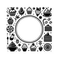 Monochrome dessert arrangement A circular frame surrounded by stylized sweets and fruits, perfect for culinarythemed designs. vector