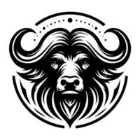Bold black and white illustration of a buffalos face, enclosed within a stylized circular frame, featuring intricate details. vector