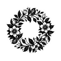 Elegant Black and White Floral Wreath A symmetrical of stylized flowers, leaves, and buds arranged in a circular pattern, perfect for botanical, wedding, or decorative use. vector