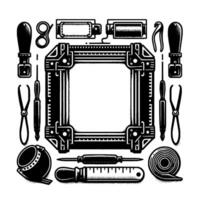 Black and white illustration of framing tools arranged around a picture frame, showcasing craftsmanship. vector