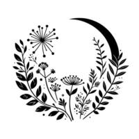 Black and white floral wreath with a crescent moon element, elegant and minimalist style. vector