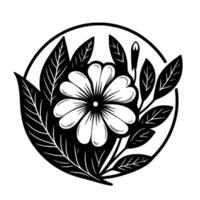 Monochromatic Floral Emblem A Circular Composition of a Daisy, Leaves, and a Bud, Framed Within a Black Circle on White. vector