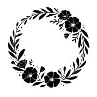 Elegant, monochromatic floral wreath, composed of stylized leaves and flowers, arranged in a symmetrical circle against a white background, evokes simplicity. vector