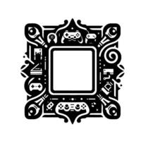 A symmetrical black and white featuring a square void surrounded by gaming consoles, controllers, and related items, in a ornate decorative frame. vector