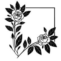 Elegant monochrome floral featuring two roses, leaves, and a rectangular frame, perfect for invitations or decorative purposes. vector