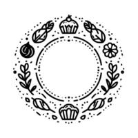 Simple black and white circular line art illustration of various food and natural elements, forming a decorative border around a blank central space. vector