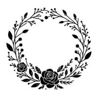 Elegant black and white floral wreath with roses, leaves, berries, and branches arranged in a circular design, perfect for framing or decorative use. vector