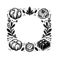 Monochromatic Illustration of a Floral Wreath with Assorted Baked Goods, Creating a Decorative Frame. vector
