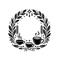 A minimalist, black and white featuring coffee cups encircled by a laurel wreath with wheat stalks, evoking a warm and inviting mood. vector