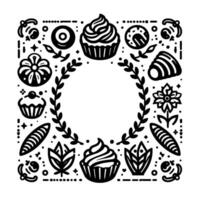Black and white square illustration with decorative sweets, plants, and a laurel wreath forming a central void. vector