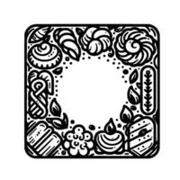 Intricate Black and White Decorative Square Frame with Floral, Food and Abstract Elements. vector