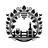 Elegant black and white of a wine bottle, glass, grape cluster, and leafy grapevine border, over a fence. vector