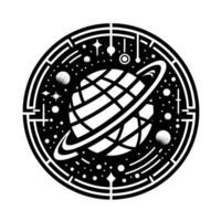 Intricate black and white circular illustration featuring a stylized planet with rings, celestial elements within a decorative border. vector