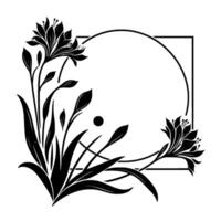 Elegant Black and White Floral Featuring a Square and Circle Frame with Detailed Silhouetted Flowers and Foliage on a Plain White Background. vector