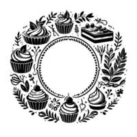 Elegant monochromatic circle frame featuring cupcakes, cake, and botanical elements with open space for text. vector