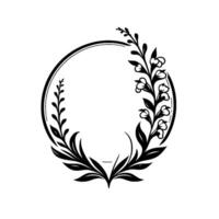 Elegant black and white botanical wreath featuring leaves and flowers circling a blank space on a pristine white background. vector