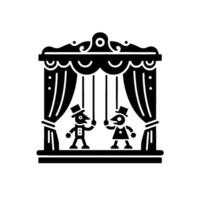 Black and white silhouette of a puppet show, featuring two puppets on stage, behind curtains, with ornate details. vector