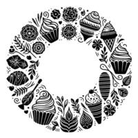 Black and white circular pattern with stylized desserts, flowers, leaves, and decorative elements creating a sweet and elegant wreath. vector