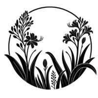 Black and white botanical illustration of stylized flowers and foliage enclosed within a circular frame, evokes a sense of elegant simplicity. vector