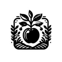 Elegant monochrome illustration of an apple growing on a branch, surrounded by stylized leaves and enclosed within a rectangular border. vector
