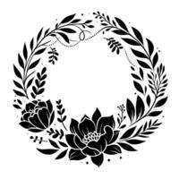 Intricate black and white floral wreath design, featuring stylized flowers, leaves, and dotted embellishments arranged in a circular pattern. vector
