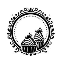 Elegant Black and White Cupcake Illustration Two Desserts Enclosed Within Ornate, Circular Frame With Decorative Flourishes and Dots. vector