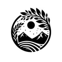 Serene black and white nature scene within a circle, featuring mountains, a sun, tree branches, and a starry sky. vector