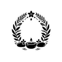 Elegant Black and White SpaThemed Wreath with Candle, Flowers, and Stones in a Relaxing, Circular Design. vector