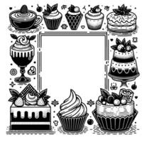A whimsical, handdrawn frame of various cakes and desserts, ideal for celebrations, with a blank central space for customization, in black and white. vector