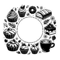 A circular frame illustration, showcasing an assortment of cupcakes, cakes, pastries, and coffee, all rendered in a monochrome, handdrawn style. vector