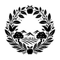 Intricate black and white illustration featuring an apple orchard scene within a circular wreath of leaves and fruit, depicting a rural landscape. vector