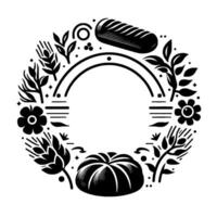Black and White Circular Illustration of Bakery Ingredients Bread, Flowers, Wheat, and Pumpkin with an Open Center. vector