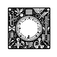 Intricate black and white square with musical instruments, botanical elements framing a central circle with musical notes, creating a balanced, symmetrical composition. vector
