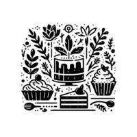 Monochromatic Decorative Dessert Composition Cakes, Cupcakes, and Botanical Elements, Arranged in Square Format vector