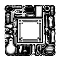Intricate Black and White Illustration of Leathercraft Tools Surrounding a Central Frame, in a Decorative, Symmetrical Arrangement. vector