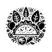 A monochrome circular food illustration featuring a taco surrounded by apples, leaves, and other stylized elements. vector
