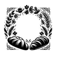 Black and white line art illustration bread loafs at the bottom, surrounded by floral and wheat wreath elements. vector