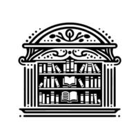 Ornate Black White Library Symbol Featuring Books on Shelves, Classic Architecture Elements, and Open Books. vector