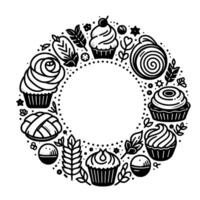 A black and white circular wreath featuring various pastries and botanical elements, perfect for bakery or dessertthemed branding. vector