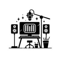 Minimalist Black White Illustration of a Home Recording Studio Setup with a Microphone, Computer, Speakers and a Chair. vector