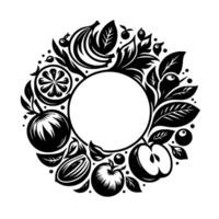 Black and White Fruit Wreath with Circle A Stylized Illustration of Various Fruits and Leaves in a Circular Composition. vector