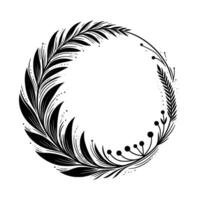 Elegant black and white floral wreath with a botanical design, intricate detailing, and a minimalist aesthetic on a white background. vector
