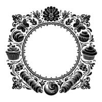 Intricate Black and White Frame with Floral, Pastry and Ornamental Elements, a Perfect Circular Border. vector