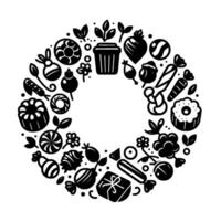 Circular Monochrome Illustration of Diverse Sweets, Plants, and Gifts, Outlining an Empty Center. vector